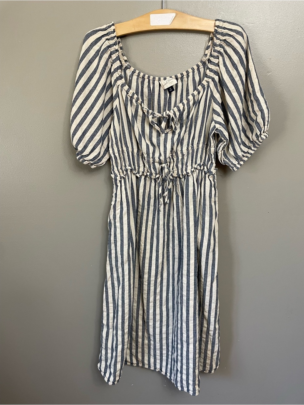 Linen Dress Puff Sleeve Blue Cream Stripe Medium Boho Lagenlook Universal Thread - Picture 1 of 9
